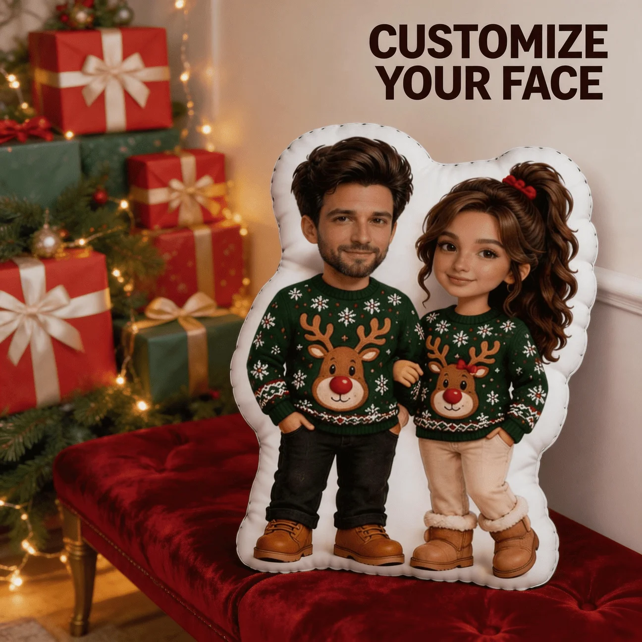 Custom Couple Photo Shaped Pillow, Personalized Face Christmas Sweater Style Decorative Cushion, 70cm Unique Home Decor Accent f