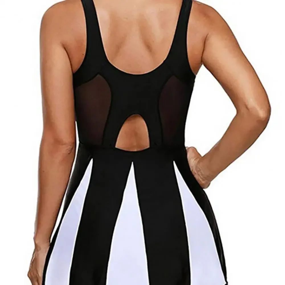 Summer Women Monokini U-Neck Sleeveless A-line Lady One-Piece Swimsuit Tummy Control Fake Two Pieces High Waist Female Swimwear