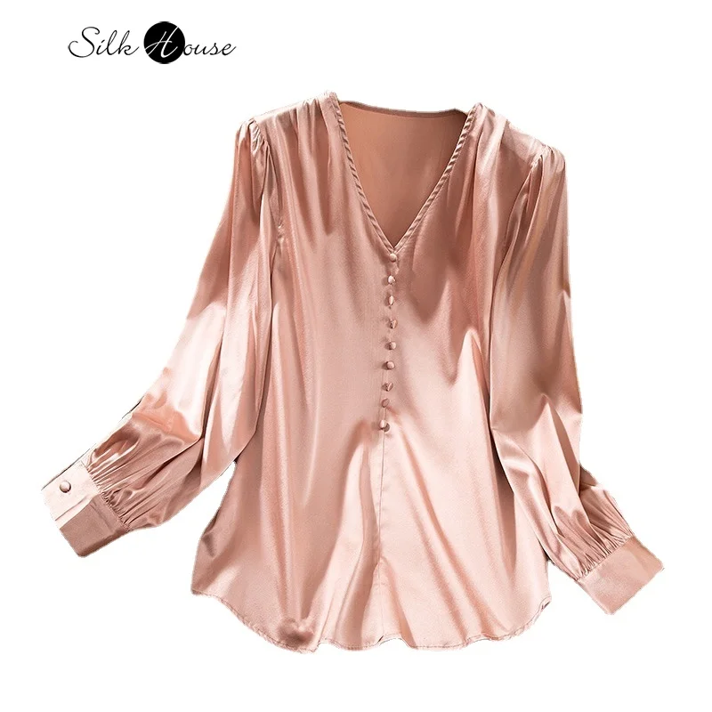 2024 Spring New 93%Natural Mulberry Silk Heavyweight Elastic Satin Commuter OL Design Sense V-neck Long Sleeved Women's T-Shirt