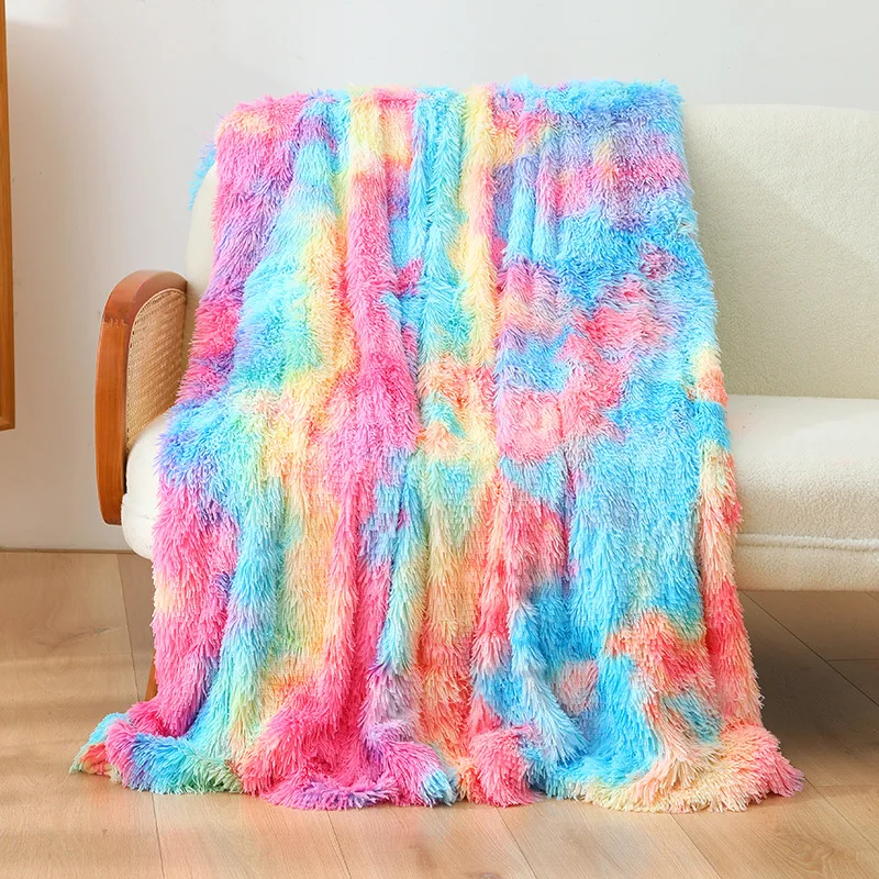 

Soft Fur Blanket Fluffy Shaggy Super Cozy Warm Sofa Throw Tie-dyed Furry Rainbow Blankets Bedspread Blanket