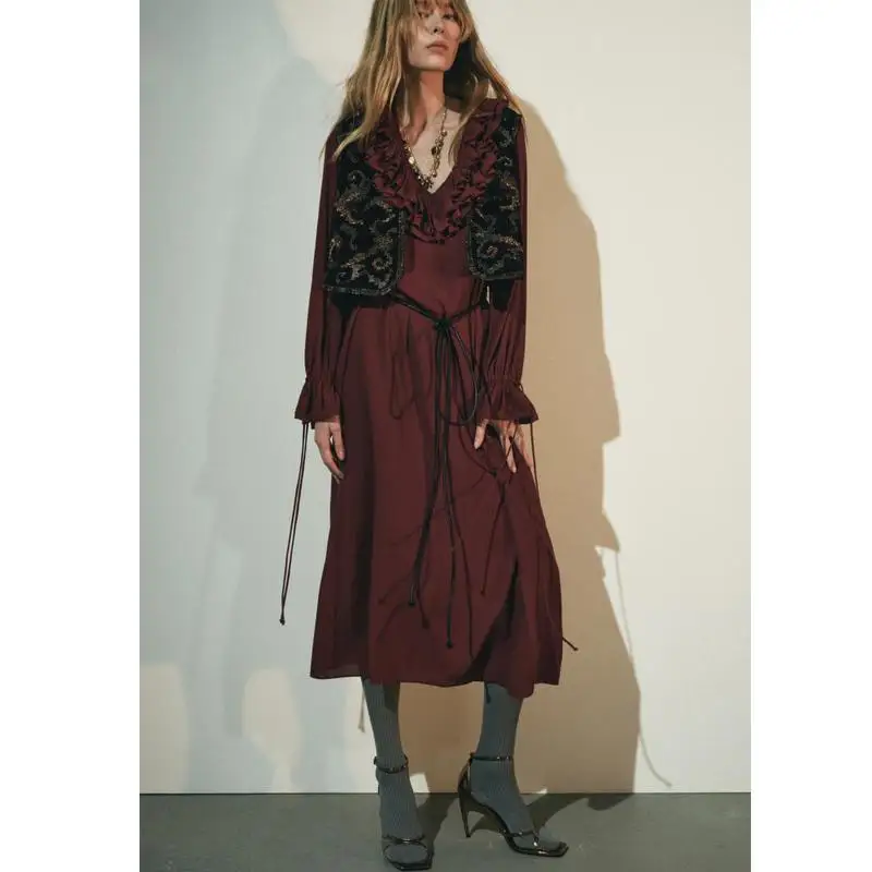 Outono inverno nova chegada f estilo suave com decote em v em camadas decoração manga longa midi vestido de fibra de p...