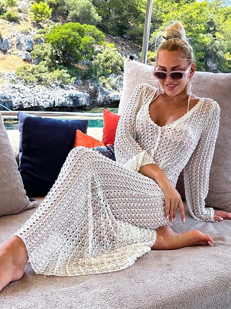 Women's Swimsuit Bikini Cover-ups Sexy V Neck Long Sleeve Hollow Out Knitted Beach Maxi Dress 2024 Women Summer Beachwear A2791