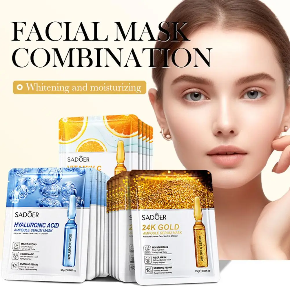 Mascarillas faciales de ácido hialurónico con vitamina C, oro de 24 quilates, hidratante, reafirmante, cuidado de la piel Facial E0F7