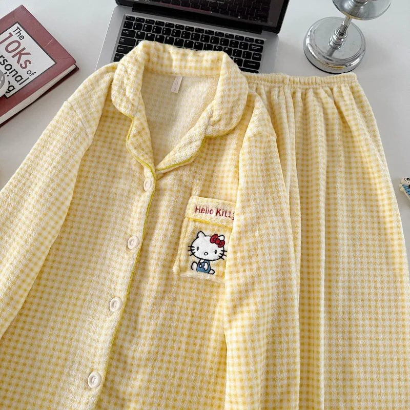 Зимний пижамный комплект с клетчатым принтом «Hello Kitty», новый пижамный костюм с героями мультфильмов, теплый корейский милый плюшевый домашний комплект Y2K, милая одежда для сна