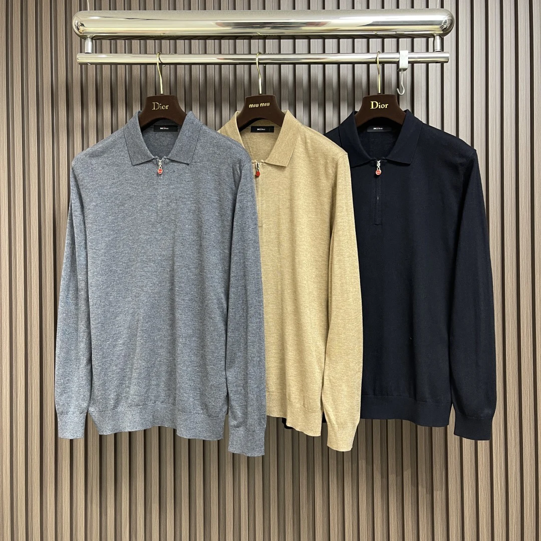 เสื้อสเวตเตอร์ถักคอปกแขนยาวผู้ชาย สไตล์เรียบง่าย สีพื้น สำหรับฤดูใบไม้ร่วงต้น แบรนด์ Kiton