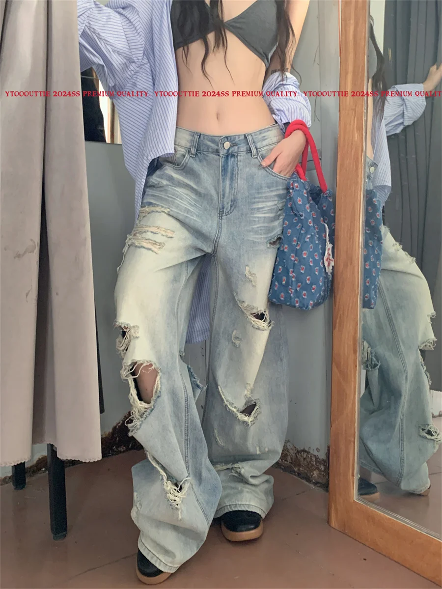 

Slergiri Heavy industry y2k ripped jeans for women vintage boyfriend baggy wide leg jeans american loose straight denim pants