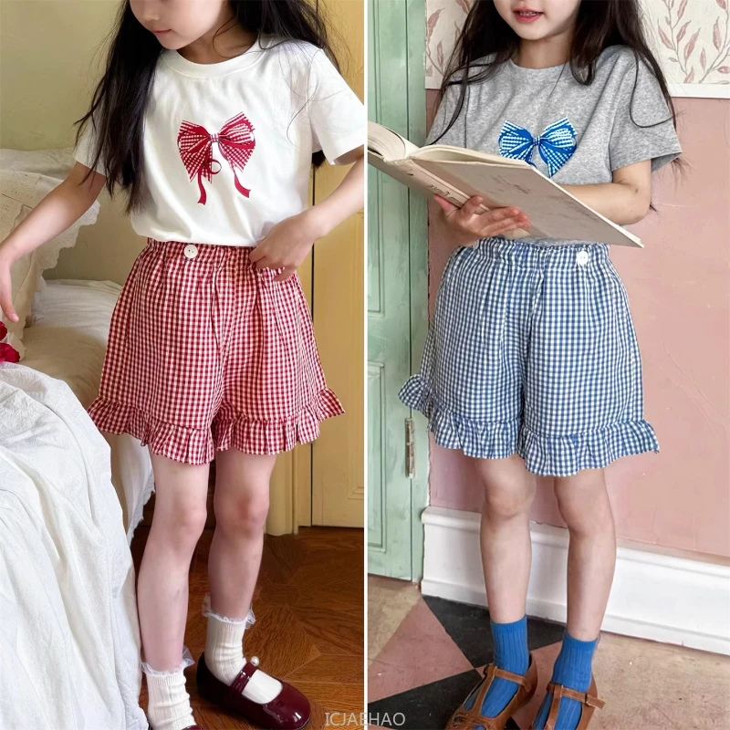 

2025 Girls Summer Essential Basic Tee Checkered Ruffle Trim Shell Button Shorts Breathable Set Everyday Wear Vacation Ready