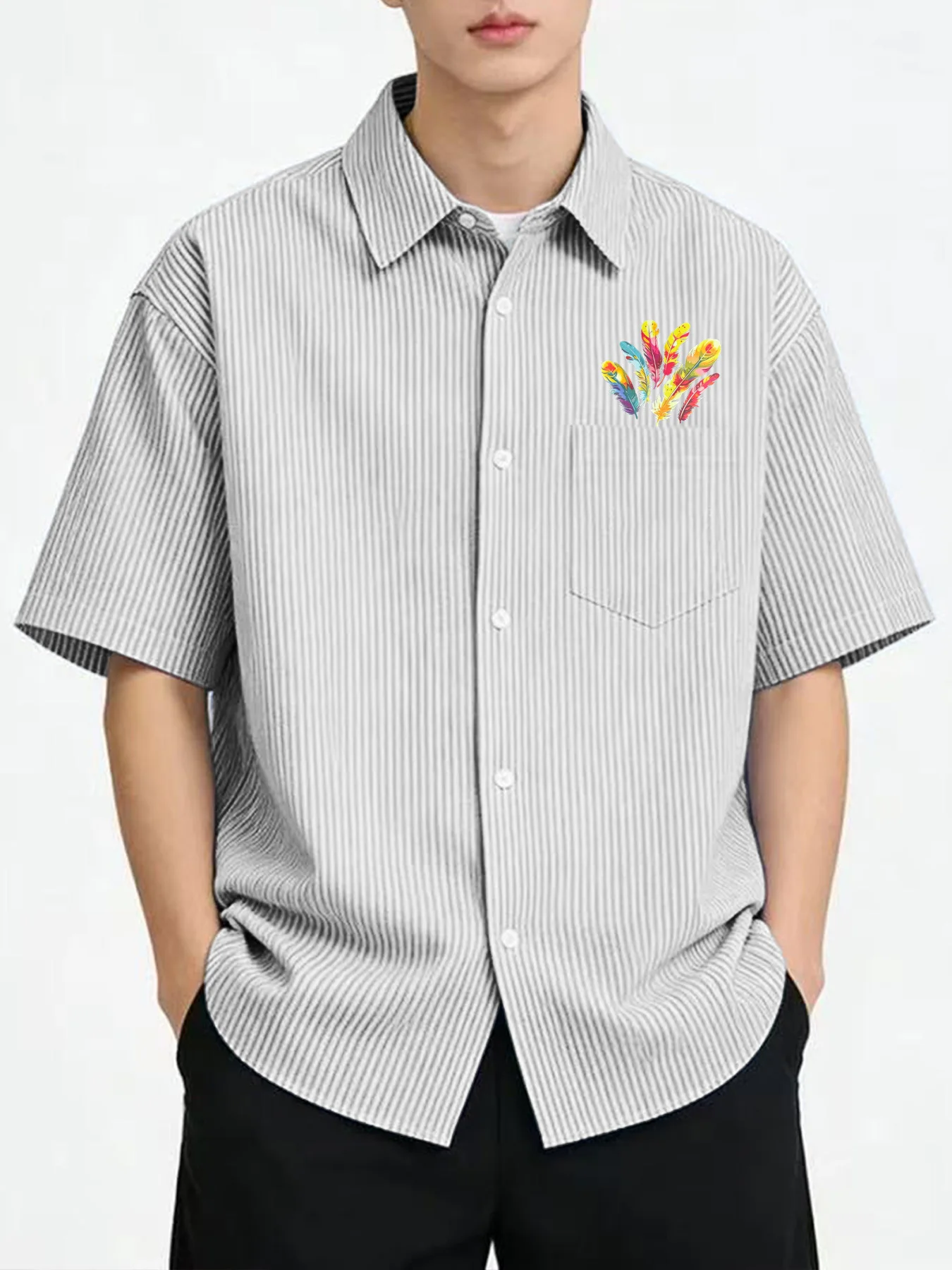 Korean style trendy men's fashion new small niche cartoon print short sleeve multi-color optional loose casual shirt