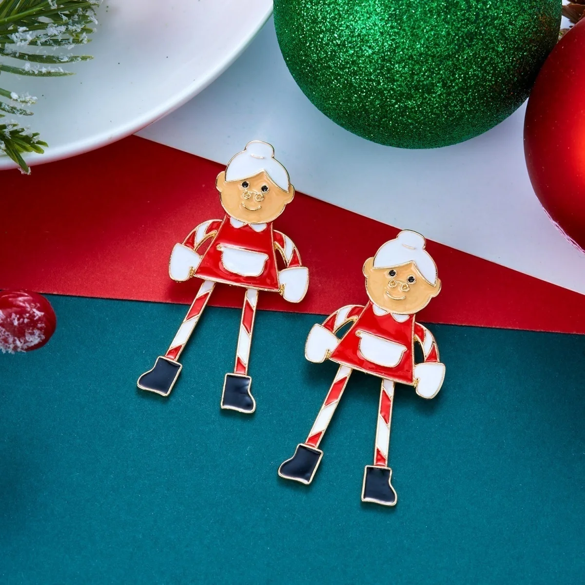 Kreative asymmetrische Ohrstecker mit Weihnachtsmann und Weihnachtsfrau mit langen Beinen für Damen, Imitationsperlen, Weihnachtsfiguren-Ohrringe, Schmuck – Detail 27