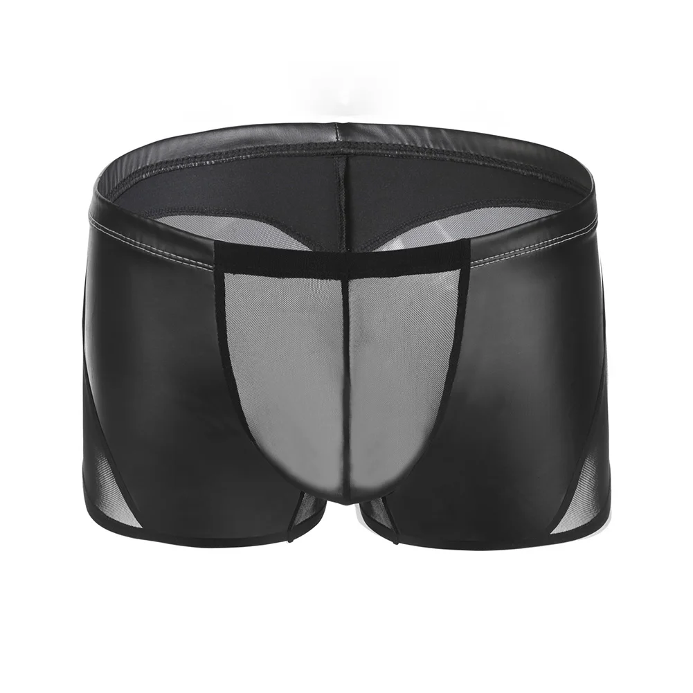 Men Faux Leather Splicing Boxer Shorts Extreme Men's Underwear Translucent Underpants Mesh Briefs Pouch Trunks Men's Clothing