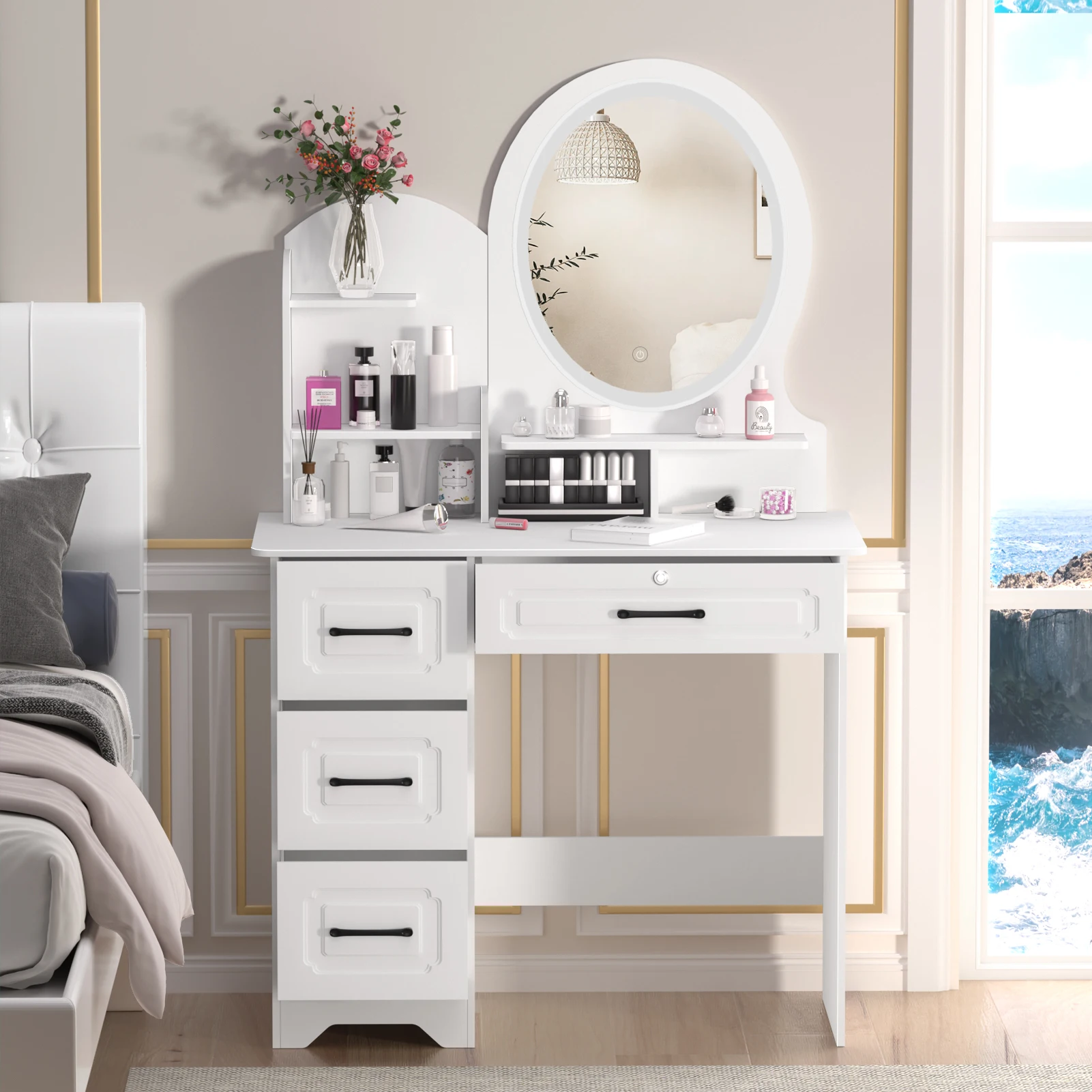 

Makeup Desk with Mirror, Large Vanity Desk with Storage Shelves, 4 Drawers, Makeup Vanity Table with Light, Bedroom Table