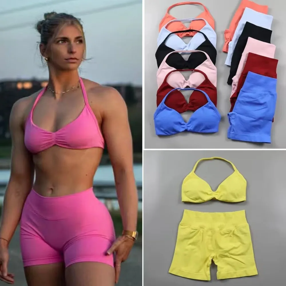 

Summer Seamless Yoga Pilates Set Women's Sportswear Gym Shorts Lace-Up Sports Bra 2-piece Set Backless Workout Suit Fitness Set