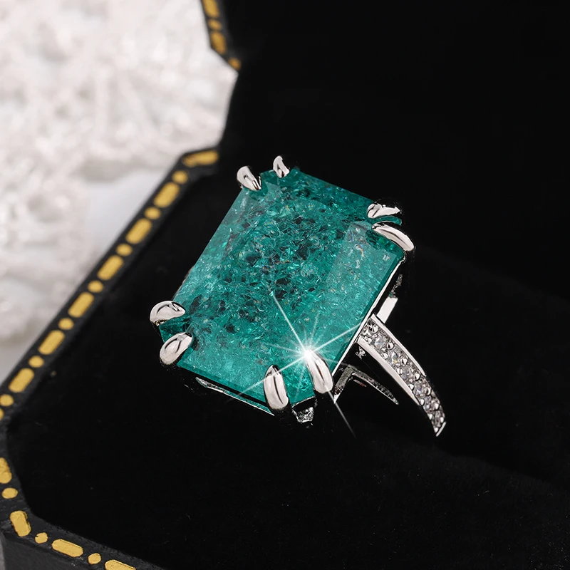 925 Silver Plated Exquisite Blue Green Paraiba Ring Sparkling Luxury Ring Female Party Birthday Jewelry Gift