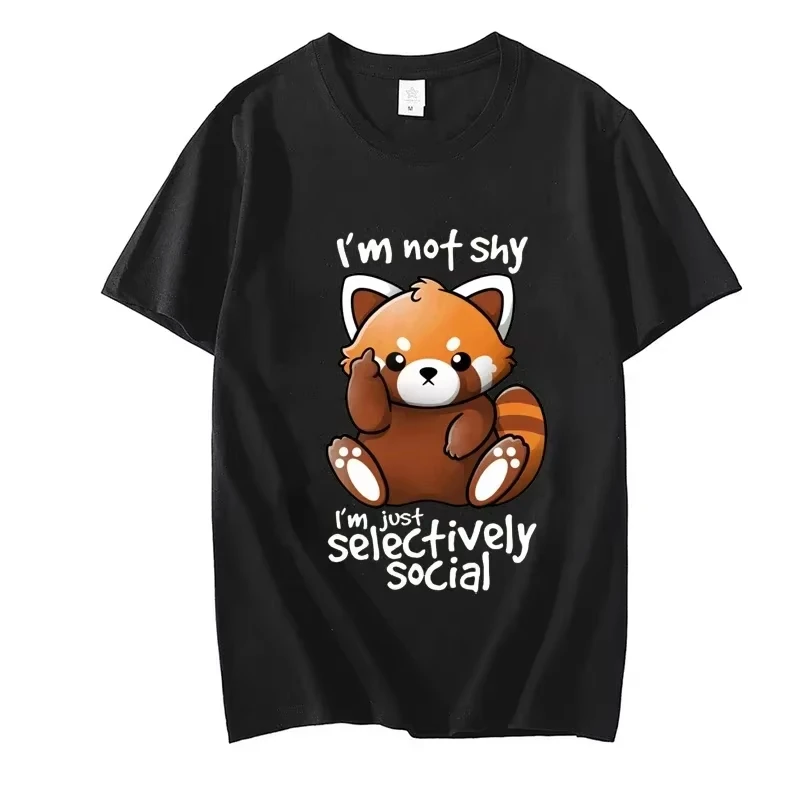 Shy Red Panda T-Shirt Men Women Cotton Graphic Printed Chibi Animal Funny Cute Kawaii Aesthetic Pastel Anime Style Streetwear