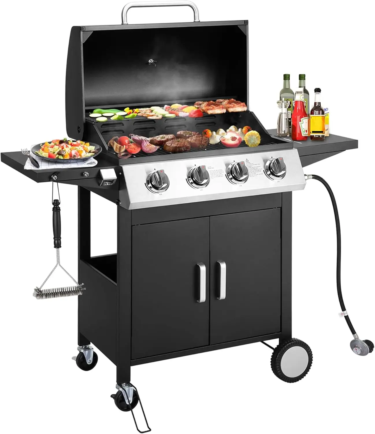 

4-Burner Propane Gas BBQ Grill, Barbecue Grill with Side Shelves & Grill Brush & Hooks & Stainless Steel Outdoor Grill for Outdo