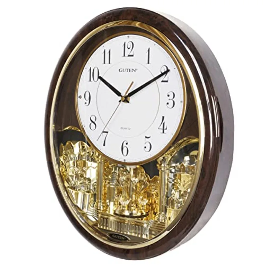 Melody Chime Motion Wall Clock with Rotating Pendulum, Wood Finish, Walnut Brown, Silent Quartz Movement and Elegant Decorative