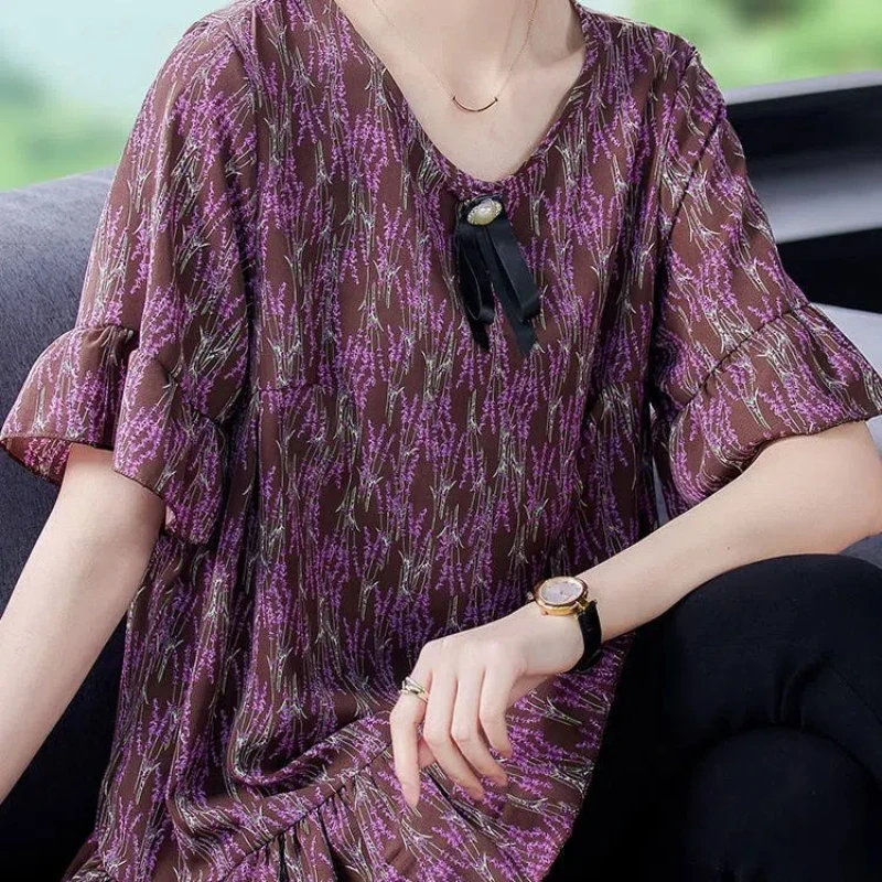 Vintage Printing Loose T Shirts Summer New Short Sleeve Pleated Lacing All-match Casual Tops Tees Fashion Trend Women Clothing