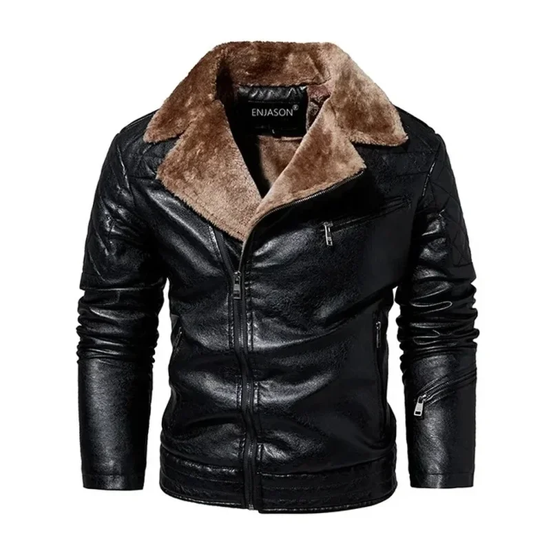 Fashion Warm Winter Men's Leather Jacket With Fur Collar Thicken Fleece Motorcycle Coat Casual Faux Leather Locomotive Jacket