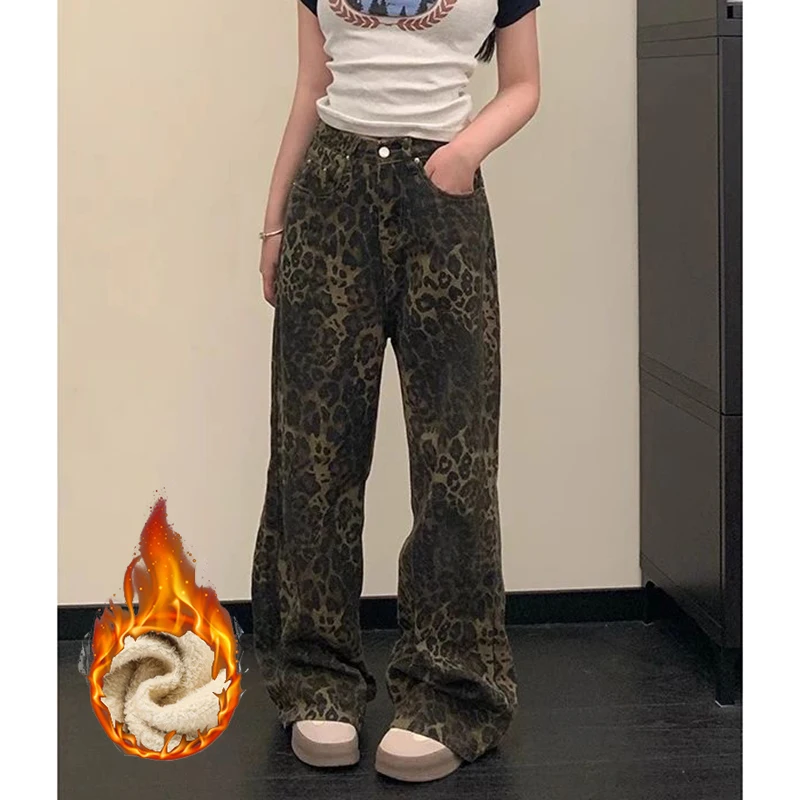 

Зимние флисовые термоджинсы с леопардовым принтом для девочек, женские зимние теплые мешковатые джинсовые брюки, женские прямые плюшевые брюки с высокой талией