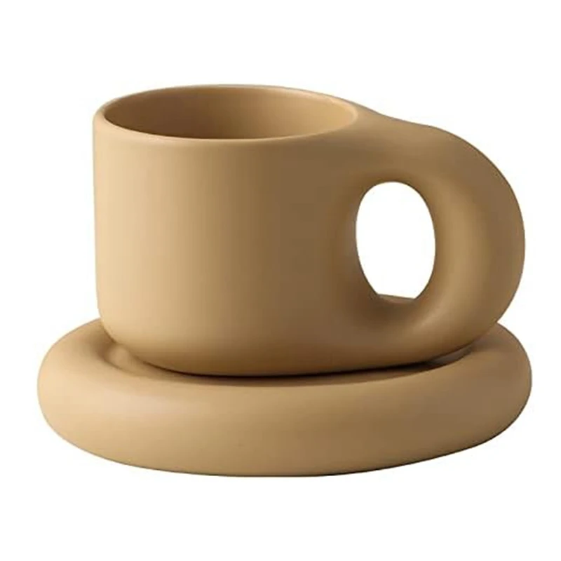 Ceramic Mug Chubby Coffee Mug +Saucer Novelty Cute Fat Handle Cup Set For Home Decor Office