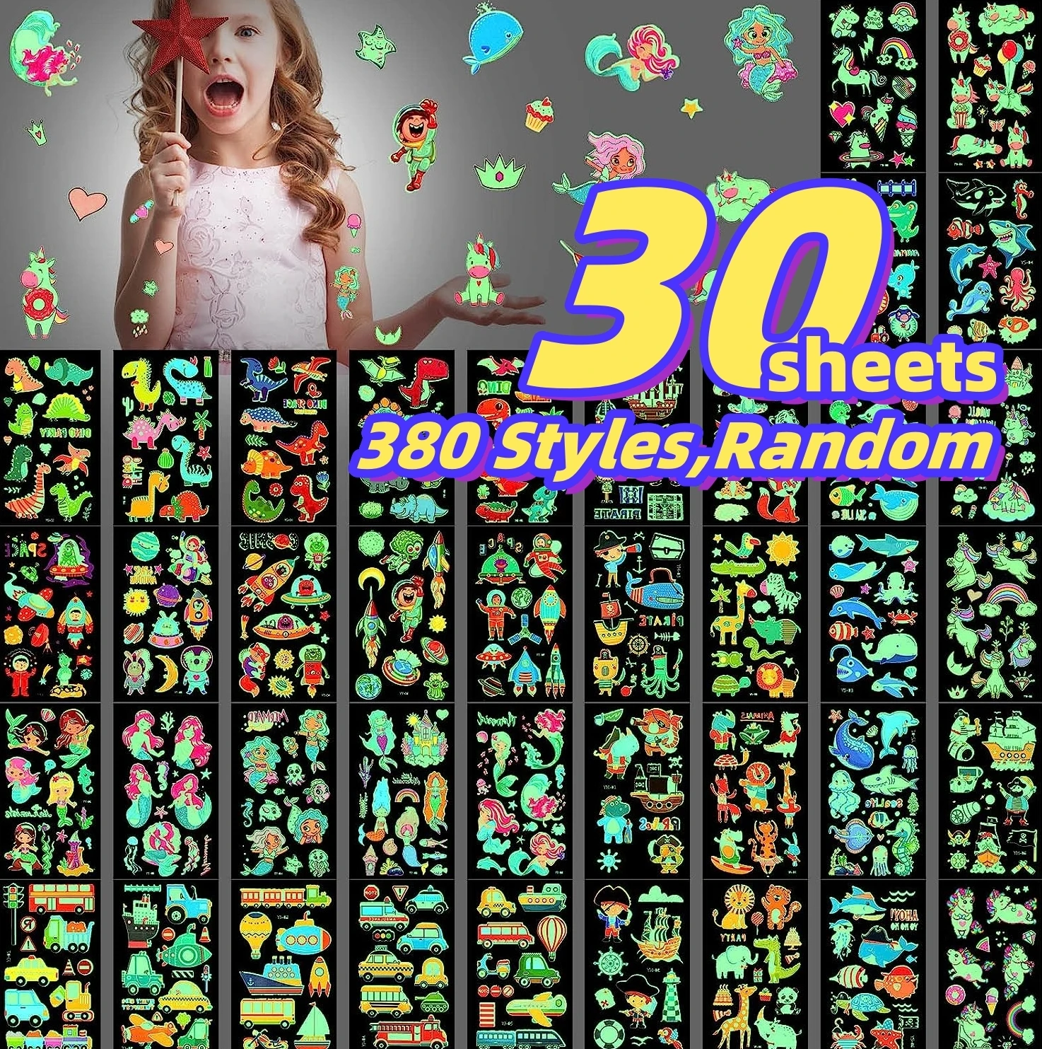 380 Styles (30 Sheets) Luminous Tattoos for Kids, Mixed Styles Temporary Tattoos Stickers with Unicorn/Mermaid/Dinosaur