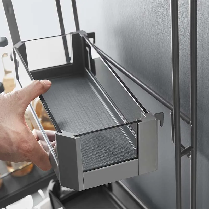 Practical Kitchen High Cabinet Food Storage Rack Glass Type Aluminum Alloy Basket Drawers Type Storage Pull Basket