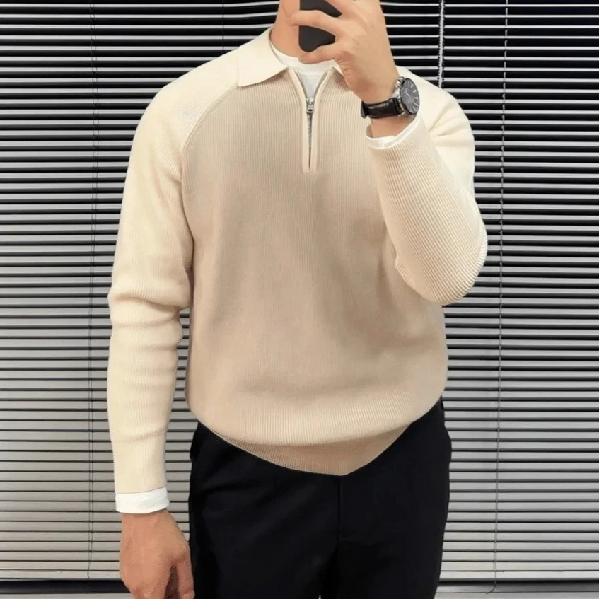 

2025 New Men Turn Down Collar Half Zipper Color Block Spliced Long Sleeve Top Spring Autumn Casual Trendy Versatile Men Wear