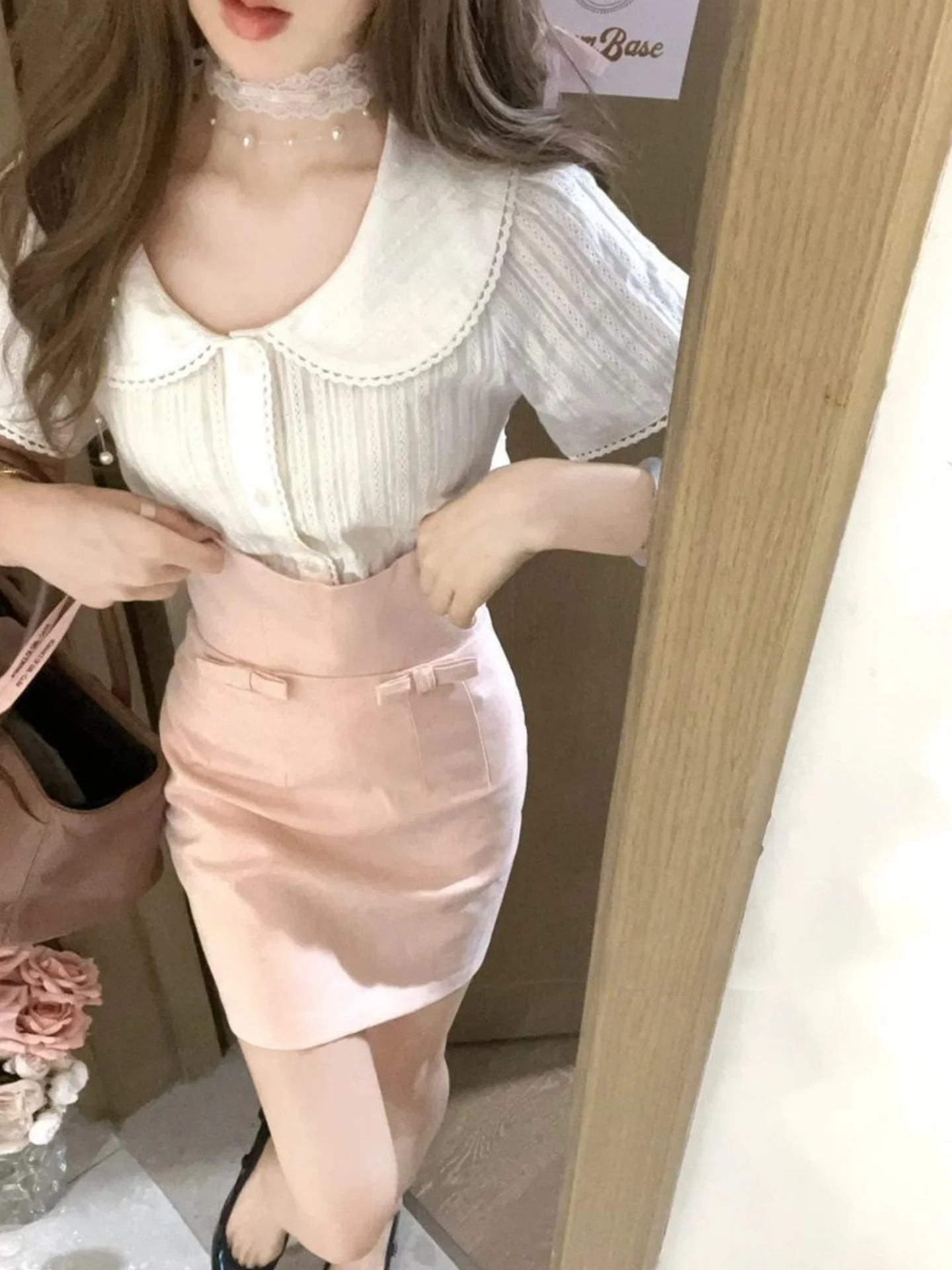 

Sweet Princess Feelings Summer Outfit High Waist Skirt Short Sleeve Doll Collar Top And Skirt Set for Young Women