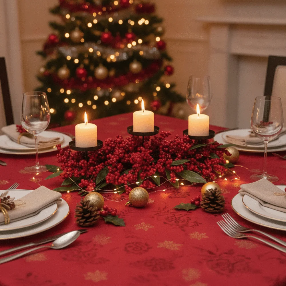 Artificial Berry Wreath Three Legged Candle Holder Simulated Stable Base Christmas Candlestick Wrought Iron Red