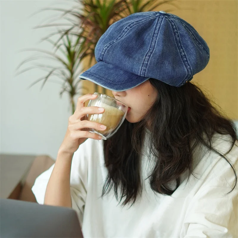 Women\'s Denim Beret Hat Spring Summer Newsboy Painter Hat Octagonal Cap Korean Style Blue Denim Artist Painter Cap
