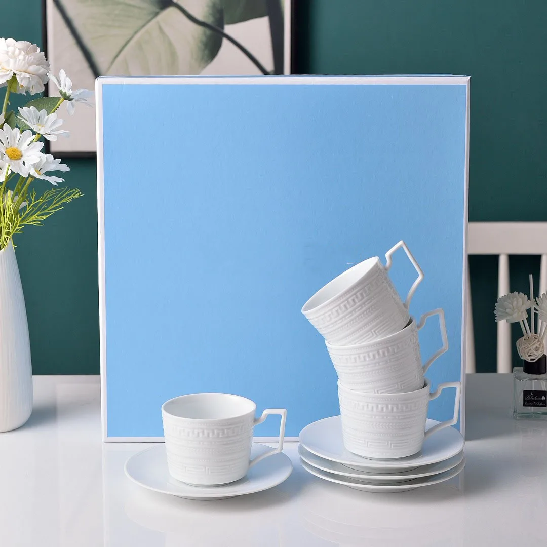 European Bone China Embossed Pure White Luxury Coffee Cup Saucer Gift Box Set for Special Occasions Dinner Set