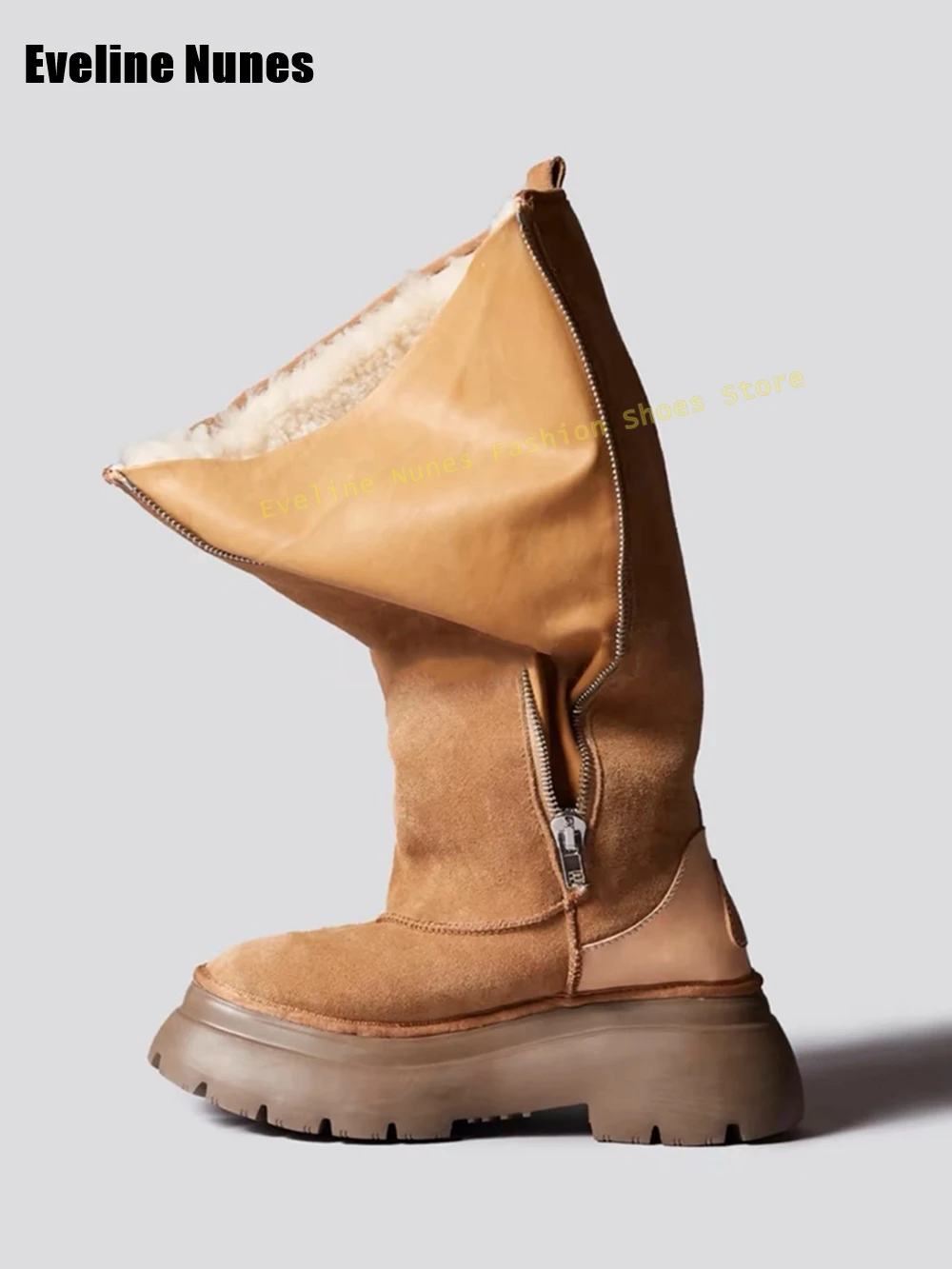 

Brown Fur Platform Knight Boots Round Toe Thick Sole Zipper Closure Women Patchwork Knee High Boots 2025 Winter New Arrivals