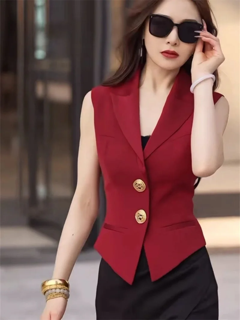Fashion Design Commuter Vest Jacket Female Spring and Summer Workplace V-neck Red Single-breasted Cardigan Suit Vest Jacket New