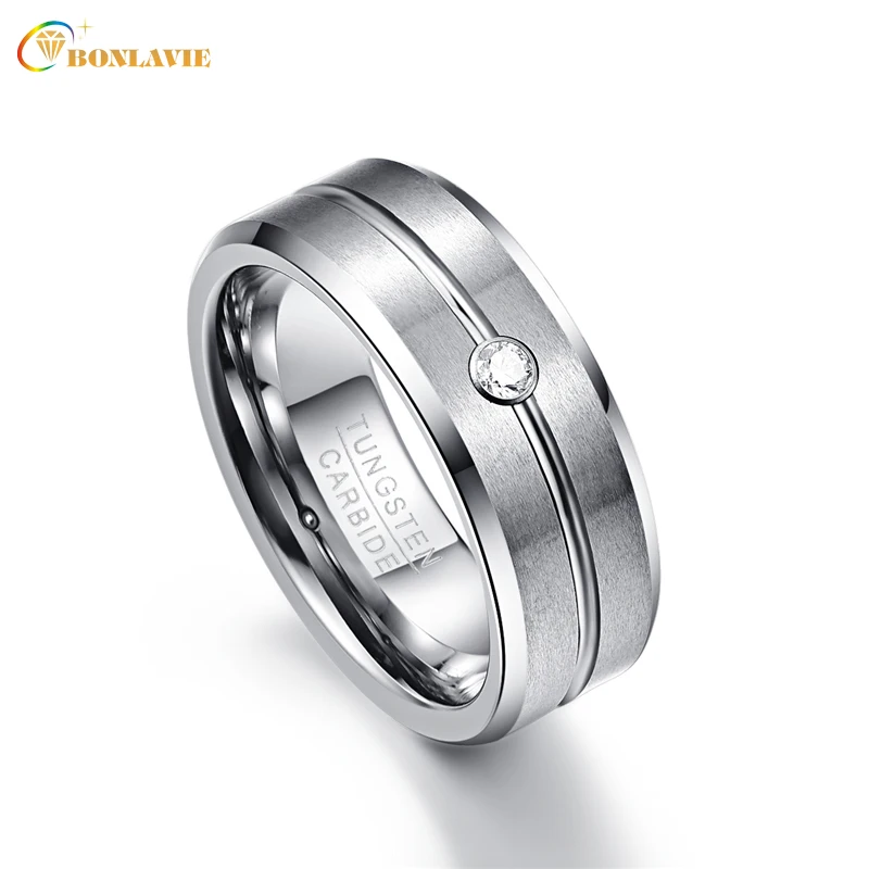 BONLAVIE 8mm Tungsten Carbide Ring Groove CZ Zircon Classic Men Ring Faceted Wedding Bands Men\'s Jewelry Anillos Para Hombres