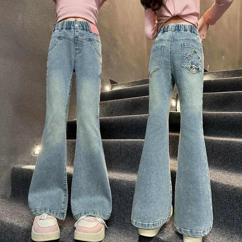 

Elegant Kids Slim Fit Flared Jeans with Star Pocket for Teen Girls Casual Denim Pants Elegant Children Boot Cut Trousers 5-14Y