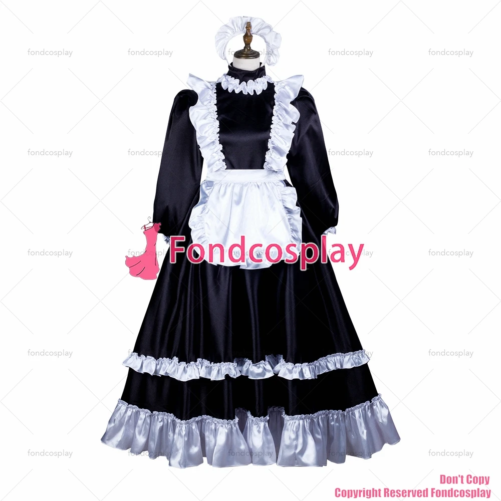 fondcosplay adult sexy cross dressing sissy maid long black satin dress lockable Uniform white apron costume CD/TV[G3733]