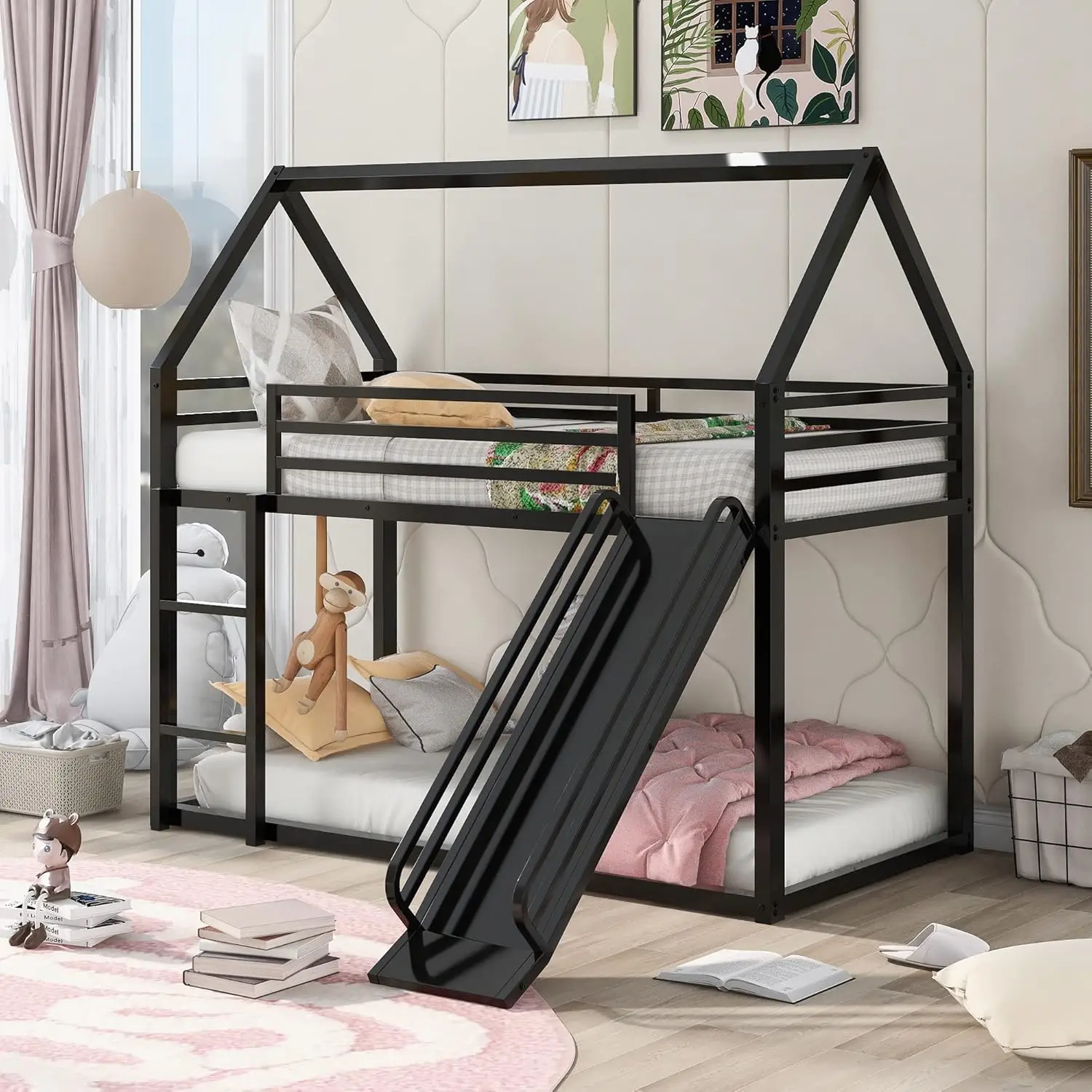 Metal Bunk Bed Twin Over Twin With Slide For Kids Boys Girls,House Shaped Bunk Bed Frame W/Full-Length Guardrail&Ladder,No Box