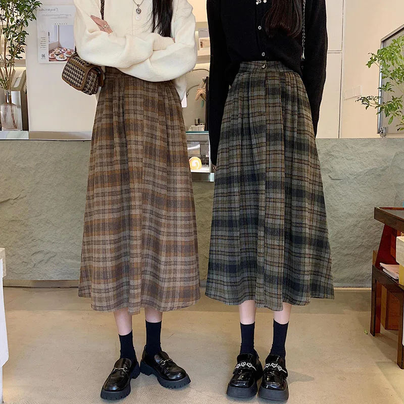 

Women Clothes Autumn Winter Plaid Skirt for Women Vintage High Waist Midi Skirts Woman A-Line Pleated Long Skirts Female Outfits