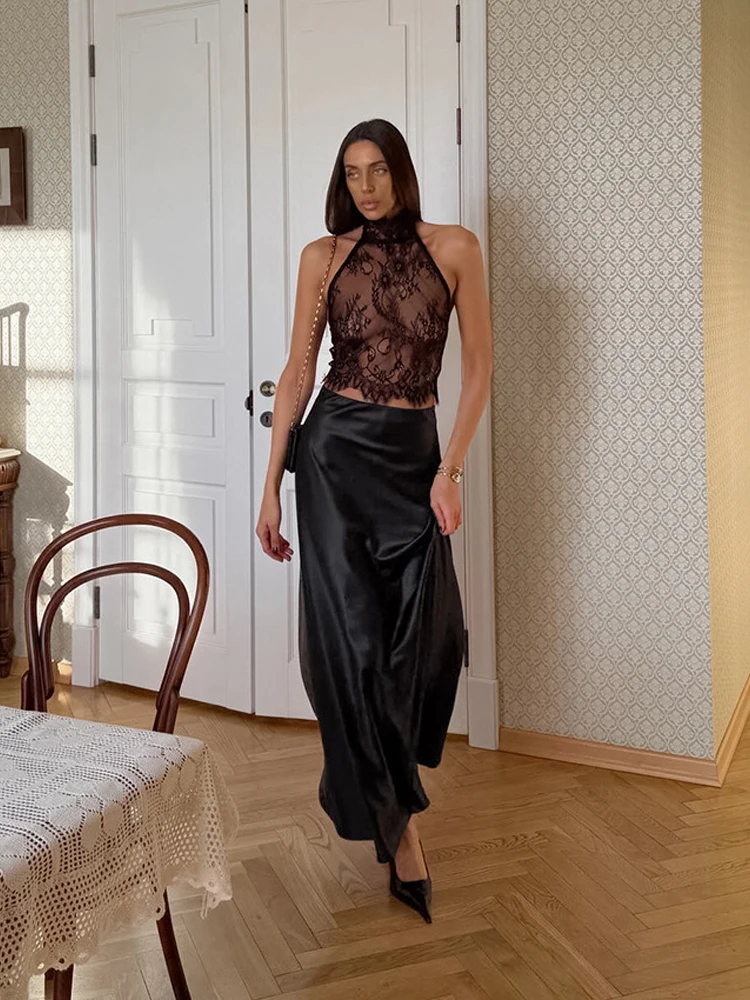 Black Lace See Through Top Set Women's Sexy Off-shoulder Halter Tops Satin Long Skirt Sets 2026 Lady Banquet Club Outfits view 2