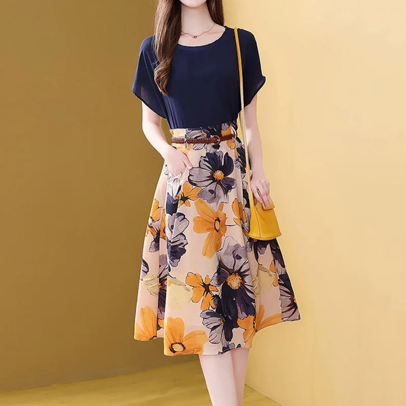 Summer 2022 Korean Retro Elegant Two Piece Set Women Chiffon T-shirt A-Line Floral Midi Skirts Suit Office Lady Elegant Clothing