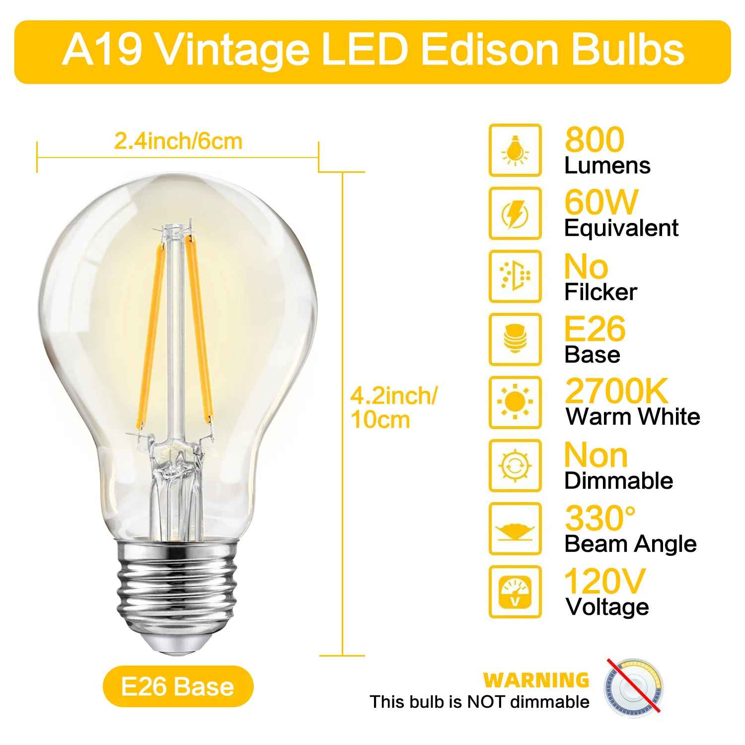 Vintage LED Filament Bulb , Edison Style Non-Dimmable, 2700K Amber Warm White A19 Bulb, Amber Glass, for Pendant Lights, Ceiling Lights, Restaurants, Cafe Home Decoration Lighting，4/6/12/24pack