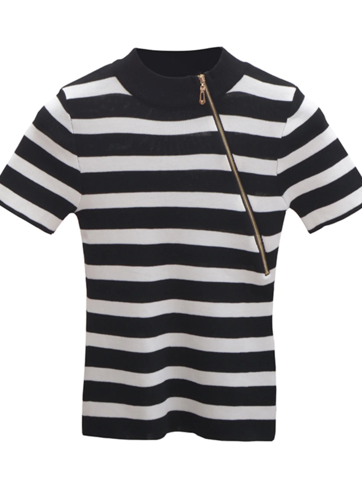 

Retro Korean Sle Slim Fit ort Sve T-irt Zipper f High Collar Striped Base Layer Women's Summer Top Polyester Fiber