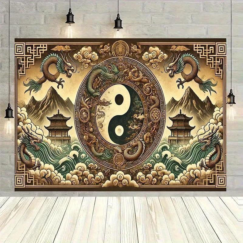 Dragon Yin Yang Tapestry, Chinese Dragons with Tai Chi Symbol and Pagoda, Oriental Art Wall Hanging for Living Room Bedroom