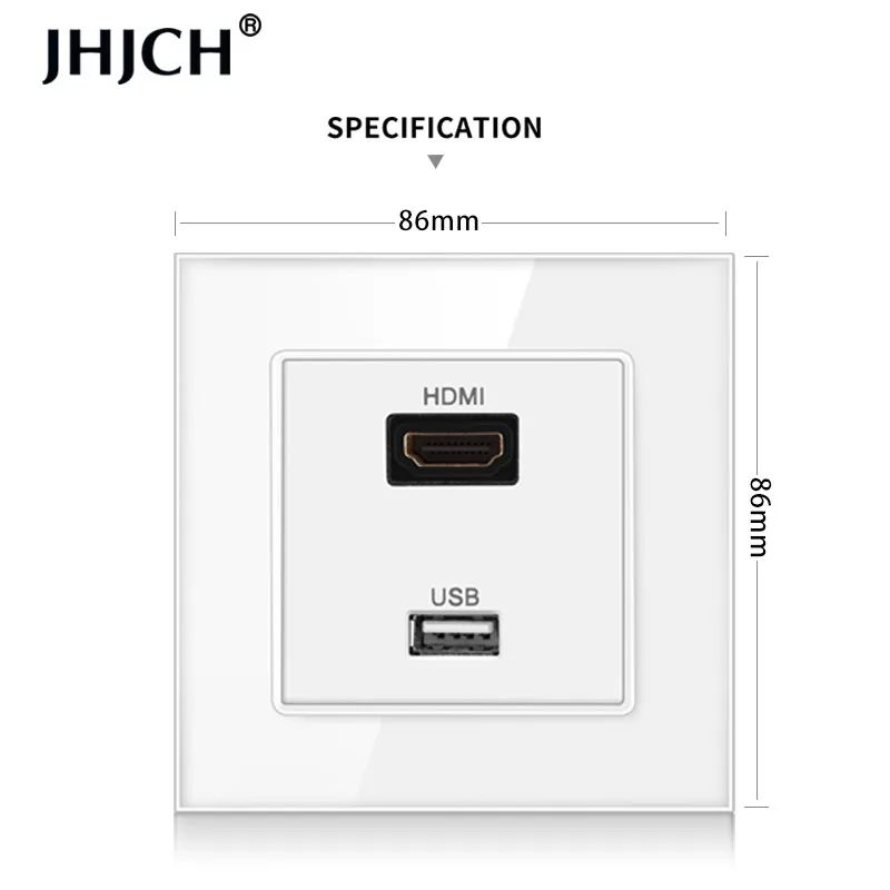 JHJCH hdmi compatible crystal tempered glass panel with 2.0 USB port 2.0 jack wall socket