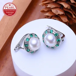 FENASY 925 Sterling Silver Natural Freshwater Pearl Earrings Green Crystal Boho Stud Earrings For Women Emerald Wedding Jewelry
