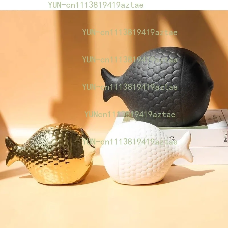Solid Color Minimalist Ceramic Bighead Fish Ornaments Animal Shaped Tabletop Statue Decoration Home Crafts