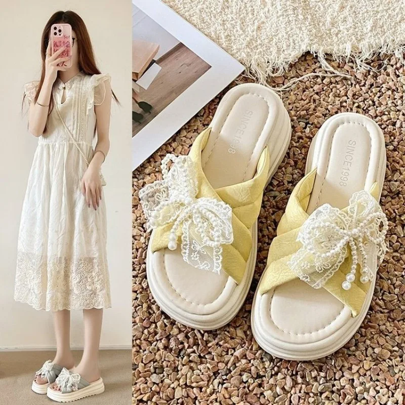 

New Women's Summer Platform Slippers with Rhinestone Bow Holiday Beach Slippers with Soft Non-Slip Soles Pink Pillow Slides 41