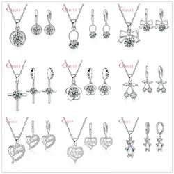 Delicate Trendy Gifts Women Jewelry Sets 925 Sterling Silver Cubic Zircon Cross Heart Flower Necklace Drop Earrings Set