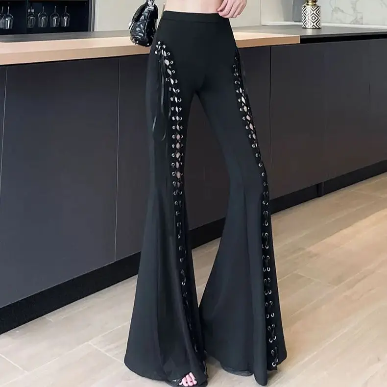 New Fashion Flare Pants Women Sexy Lace-up Sexy Cut-Out Bell Bottom Trousers Streetwear Y2k Autumn Long Pants Clohting