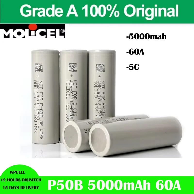 Batería Recargable Original Molicel P50B 5000mAh 21700, 60A de Alta Descarga, Baterías de Iones de Litio INR21700, Celdas de Baja Temperatura 5C